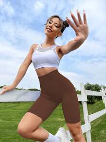 SHEIN Yoga Basic 素色寬腰帶無縫運動短褲 - 咖啡棕 - 查看 3