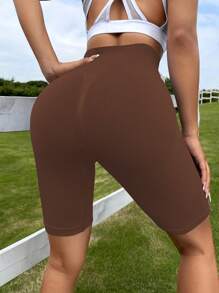 SHEIN Yoga Basic 素色寬腰帶無縫運動短褲 - 咖啡棕 - 查看 5
