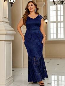 MIUSOL Plus Mermaid Hem Lace Dress - Navy Blue - View 3