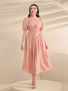 Modelyn 泡泡袖褶邊連衣裙 - 粉色 - 查看 1