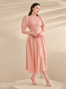 Modelyn 泡泡袖褶邊連衣裙 - 粉色 - 查看 3