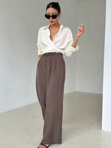 DAZY 纯色裹身细节不对称下摆衬衫，长袖上衣秋季 - 白色 - 查看 5