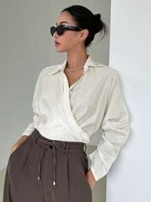 DAZY 纯色裹身细节不对称下摆衬衫，长袖上衣秋季 - 白色 - 查看 6