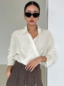 DAZY 纯色裹身细节不对称下摆衬衫，长袖上衣秋季 - 白色 - 查看 7