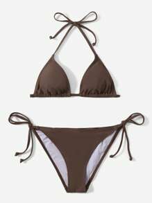 SHEIN Swim 夏季沙灘實色三角型內衣和綁帶式游泳短褲比基尼套裝泳裝