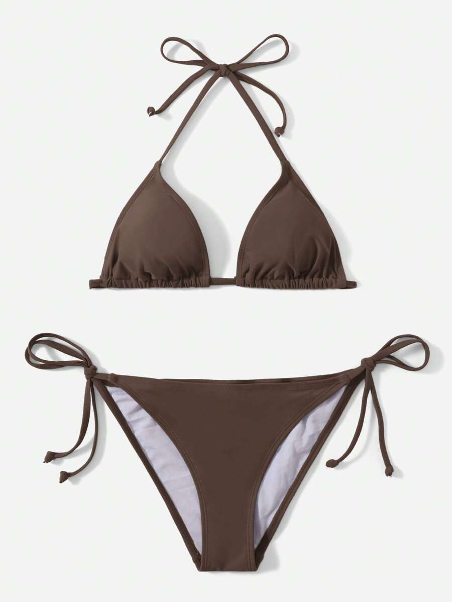 SHEIN Swim 夏季沙灘實色三角型內衣和綁帶式游泳短褲比基尼套裝泳裝