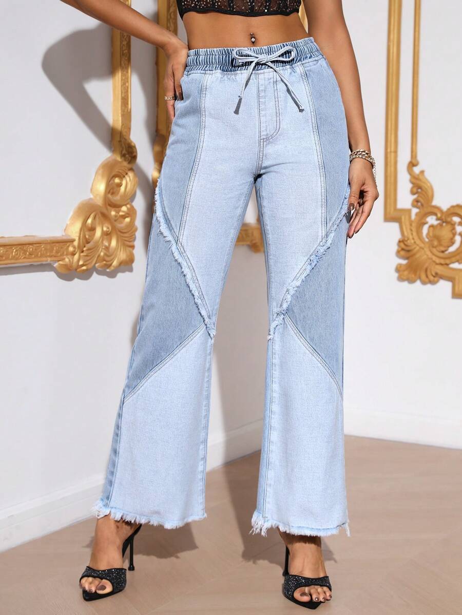 SHEIN Privé 雙色腰部抽繩毛邊緣牛仔喇叭褲 - 淺色水洗藍 - 查看 1