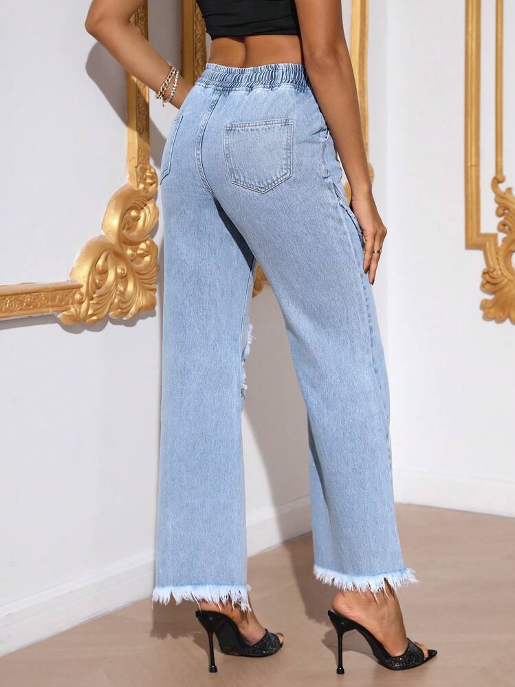 SHEIN Privé 雙色腰部抽繩毛邊緣牛仔喇叭褲 - 淺色水洗藍 - 查看 2