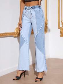 SHEIN Privé 雙色腰部抽繩毛邊緣牛仔喇叭褲 - 淺色水洗藍 - 查看 3