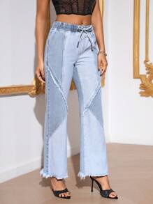 SHEIN Privé 雙色腰部抽繩毛邊緣牛仔喇叭褲 - 淺色水洗藍 - 查看 5