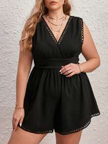 SHEIN VCAY Plus Guipure Lace Trim Romper - Black - View 5