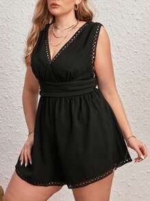 SHEIN VCAY Plus Guipure Lace Trim Romper - Black - View 6