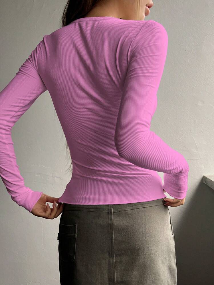 Half Button Ribbed Knit Tee,Fall Clothes Long Sleeve Women Tops
