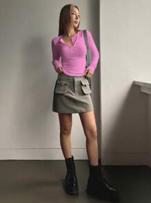 DAZY Half Button Ribbed Knit Tee,Fall Clothes Long Sleeve Women Tops - Hot Pink - View 4