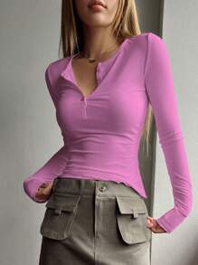 DAZY Half Button Ribbed Knit Tee,Fall Clothes Long Sleeve Women Tops - Hot Pink - View 5
