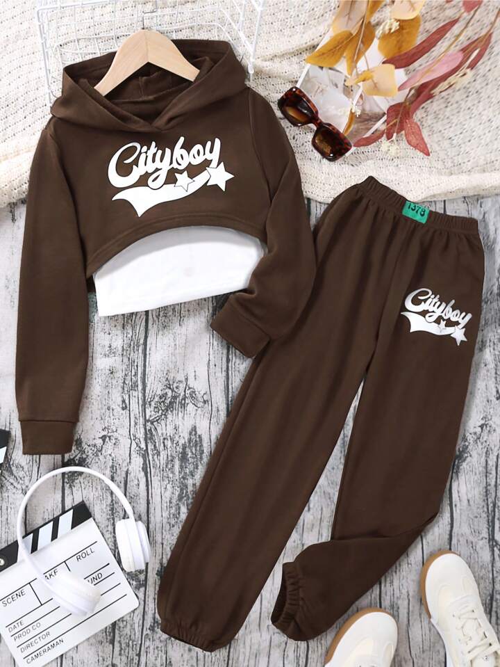 Tween Girl Letter Graphic High Low Hem Hoodie Cami Top