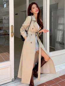 DAZY Classic Double-Breasted Long Trench Coat,Fall Clothes Women Jacket
