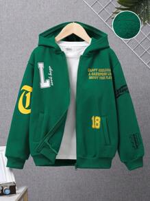 SHEIN Tween Boy Slogan Graphic Drop Shoulder Thermal Lined Sweatshirt Without Tee - Army Green - View 1