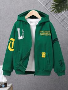 SHEIN Tween Boy Slogan Graphic Drop Shoulder Thermal Lined Sweatshirt Without Tee - Army Green - View 3