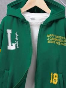 SHEIN Tween Boy Slogan Graphic Drop Shoulder Thermal Lined Sweatshirt Without Tee - Army Green - View 4