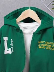 SHEIN Tween Boy Slogan Graphic Drop Shoulder Thermal Lined Sweatshirt Without Tee - Army Green - View 5