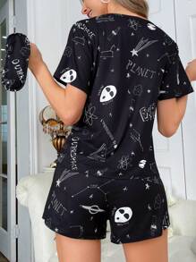 SN Artist Cartoon & Letter Graphic PJ Set With Eye Cover