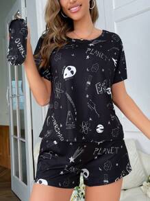 SN Artist Cartoon & Letter Graphic PJ Set With Eye Cover