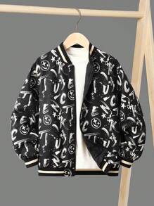 SHEIN Tween Boy Letter Graphic Striped Trim Bomber Jacket Without Tee - Black and White - View 1