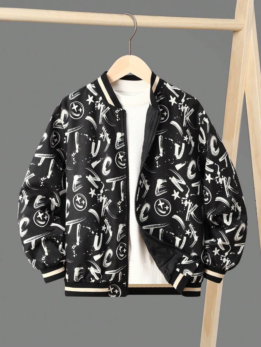 SHEIN Tween Boy Letter Graphic Striped Trim Bomber Jacket Without Tee - Black and White - View 1