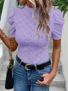 SHEIN Privé Eyelet Embroidery Puff Sleeve Tee - Lilac Purple - View 1