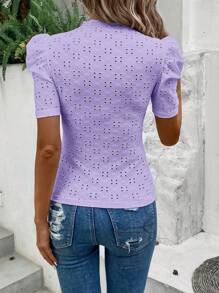 SHEIN Privé Eyelet Embroidery Puff Sleeve Tee - Lilac Purple - View 2