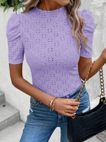 SHEIN Privé Eyelet Embroidery Puff Sleeve Tee - Lilac Purple - View 4