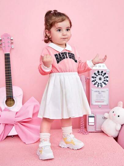 SHEIN 女嬰字母圖案假兩件洋裝