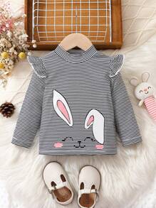 女嬰條紋圖案&卡通圖案荷葉邊小高領T恤 - 黑與白 - 查看 1