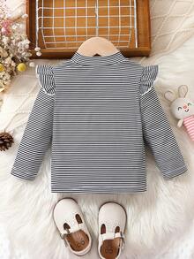 女嬰條紋圖案&卡通圖案荷葉邊小高領T恤 - 黑與白 - 查看 2
