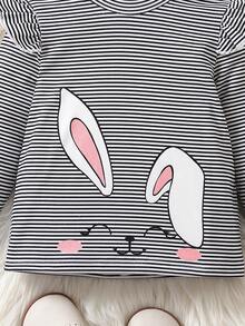 女嬰條紋圖案&卡通圖案荷葉邊小高領T恤 - 黑與白 - 查看 3