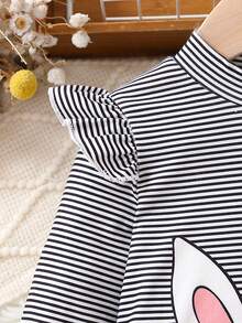 女嬰條紋圖案&卡通圖案荷葉邊小高領T恤 - 黑與白 - 查看 4