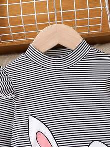 女嬰條紋圖案&卡通圖案荷葉邊小高領T恤 - 黑與白 - 查看 5