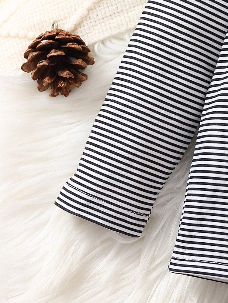 女嬰條紋圖案&卡通圖案荷葉邊小高領T恤 - 黑與白 - 查看 6