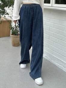 DAZY 彈性腰帶直筒牛仔褲 - 深色水洗藍 - 查看 2