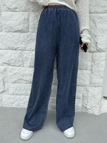 DAZY 彈性腰帶直筒牛仔褲 - 深色水洗藍 - 查看 3