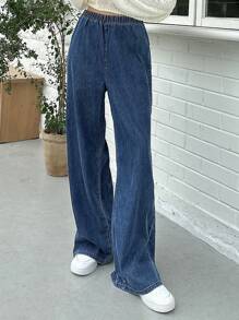 DAZY 彈性腰帶直筒牛仔褲 - 深色水洗藍 - 查看 5