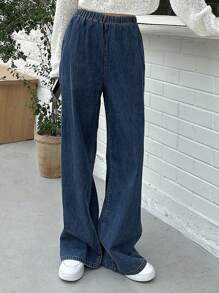 DAZY 彈性腰帶直筒牛仔褲 - 深色水洗藍 - 查看 6