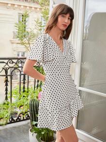 SHEIN Frenchy Polka Dot Print Flounce Sleeve Ruffle Hem Dress - Multicolor - View 3