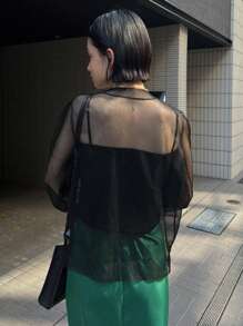 DAZY 纯色立领透视毛衣（不含吊带背心），秋季女装 - 黑色 - 查看 2