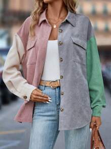 SHEIN LUNE 撞色落肩袖翻蓋口袋外套 - 彩色 - 查看 4