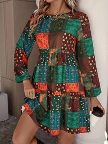 SHEIN LUNE 色塊拼接圖案燈籠袖荷葉邊連衣裙 - 彩色 - 查看 3