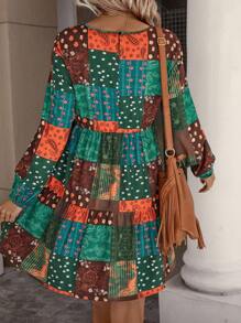 SHEIN LUNE 色塊拼接圖案燈籠袖荷葉邊連衣裙 - 彩色 - 查看 2