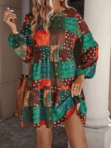 SHEIN LUNE 色塊拼接圖案燈籠袖荷葉邊連衣裙 - 彩色 - 查看 4