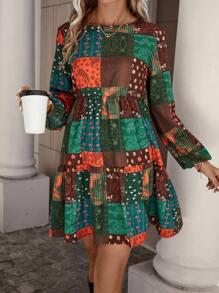 SHEIN LUNE 色塊拼接圖案燈籠袖荷葉邊連衣裙 - 彩色 - 查看 6